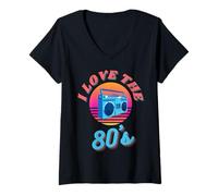 Donna I Love The 80's Retro Vintage Boombox Pronto per 80s Party Maglietta con Collo a V