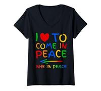 Donna I Love To Come In Peace She Is Peace Funny Matching Couple Maglietta con Collo a V