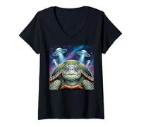 Donna I Love Turtles Sea Selfie con UFO alieni Strana Tartaruga Maglietta con Collo a V