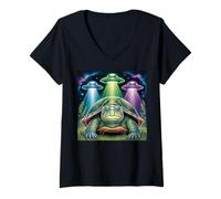 Donna I Love Turtles Sea Selfie con UFO alieni Strana Tartaruga Maglietta con Collo a V