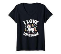Donna I Love Unicorns Creatura Magica Carino Maglietta con Collo a V