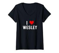 Donna I Love Wesley - Cuore - Distressed Maglietta con Collo a V
