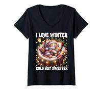Donna I Love Winter Graphic for Kitten Mom with Cute Christmas Cat Maglietta con Collo a V