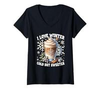Donna I Love Winter Saying for Coffee Lover Women Let It Snow Maglietta con Collo a V
