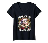 Donna I Love Winter Sayings for Kitten Lover Cute Christmas Cat Maglietta con Collo a V