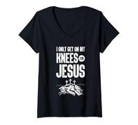 Donna I Only Get On My Knees for Jesus Bible Verse Shirt Maglietta con Collo a V