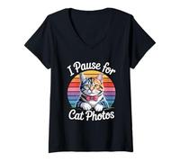 Donna I Pause for Cat Photos Maglietta con Collo a V