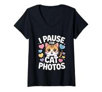 Donna I Pause for Cat Photos Maglietta con Collo a V