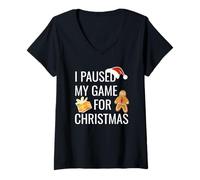 Donna I Paused My Game for Christmas Santa Gamer E-Sports Player Maglietta con Collo a V