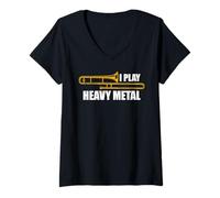 Donna I Play Heavy Metal Trombone Trombone Trombone Maglietta con Collo a V
