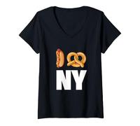 Donna I Pretzel NYC, New York City Illustration Graphic Maglietta con Collo a V