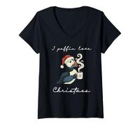 Donna I Puffin Love Christmas Funny Holiday Doodle Bird Coffee Maglietta con Collo a V