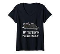 Donna I Put the Pro in Procrastination Lounging Lazy Cat Maglietta con Collo a V