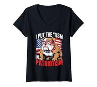 Donna I Put The Tism in Patriotism English Bulldog Maglietta con Collo a V