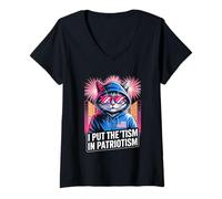 Donna I Put The Tism in Patriottism Cool Cat with Sunglasses Maglietta con Collo a V