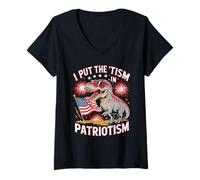 Donna I Put The Tism in Patriottism Dinosaur US Flag Occhiali da Sole Maglietta con Collo a V