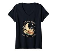 Donna I Read Past My Bedtime Cozy Moon Book Lover Maglietta con Collo a V