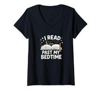 Donna I Read Past My Bedtime Open Book Moon Stars Graphic Maglietta con Collo a V