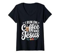 Donna I Run On Coffee And Jesus Maglietta con Collo a V