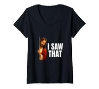 Donna I Saw That Jesus Peeking Meme Promemoria Divertente Maglietta con Collo a V