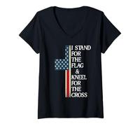 Donna I Stand for The Flag And Kneel for The Cross USA Freedom God Maglietta con Collo a V