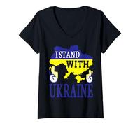 Donna I Stand with Ukraine - Love Stop War - Ucraina Mappa Maglietta con Collo a V