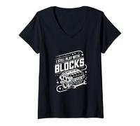 Donna I Still Play with Blocks Auto Motoagricole Meccanico Maglietta con Collo a V