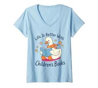 Donna I Still Read Kids Books Cute Duck Reading Book Lover Maglietta con Collo a V