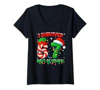 Donna I Survived 67 Days of School Christmas Santa Elf Candy Meme Maglietta con Collo a V