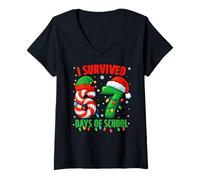Donna I Survived 67 Days of School Christmas Santa Elf Candy Meme Maglietta con Collo a V