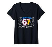 Donna I Survived 67 Days of School Funny Meme Teacher Student Fun Maglietta con Collo a V