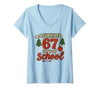 Donna I Survived 67 Days of School - Maglietta Scuola 6 7 Meme Maglietta con Collo a V