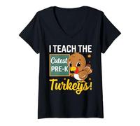Donna I Teach The Cutest Pre-k Turkeys Thanksgiving Thankful Maglietta con Collo a V