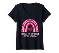 Donna I Teach The Sweetest Little Hearts Rainbow Leopard Print Maglietta con Collo a V