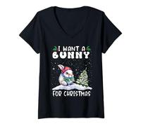 Donna I Want A Bunny for Christmas Santa Hat Funny Xmas Maglietta con Collo a V