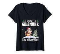 Donna I Want A Chipmunk for Christmas Santa Hat Funny Xmas Maglietta con Collo a V