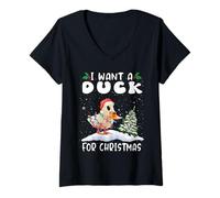 Donna I Want A Duck for Christmas Santa Hat Funny Xmas Maglietta con Collo a V