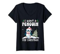 Donna I Want A Penguin for Christmas Santa Hat Funny Xmas Maglietta con Collo a V