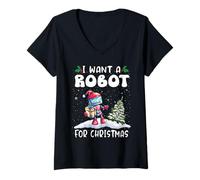 Donna I Want A Robot for Christmas Santa Hat Funny Xmas Maglietta con Collo a V