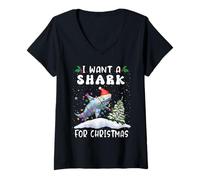 Donna I Want A Shark for Christmas Santa Hat Funny Xmas Maglietta con Collo a V