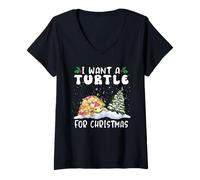Donna I Want A Turtle for Christmas Santa Hat Funny Xmas Maglietta con Collo a V