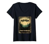 Donna I Want To Believe UFO Alien Astronave Vintage Distressed Maglietta con Collo a V