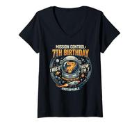 Donna I Was 6 Now Im 7 Astronaut Outer Space Birthday Kids Gear Maglietta con Collo a V