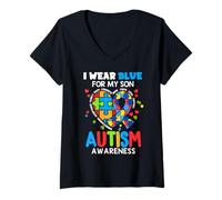 Donna I wear Blue For My Son Autism Awareness Mom Dad Parents Maglietta con Collo a V