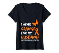 Donna I Wear Orange for My Husband Multiple Sclerosis Ribbon Maglietta con Collo a V
