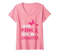 Donna I Wear Pink for My Daughter Butterfly & Ribbon Breast Cancer Maglietta con Collo a V