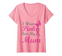 Donna I Wear Pink for My Mum Ribbon Breast Cancer Awareness Maglietta con Collo a V