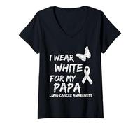 Donna I Wear White for My Papa Lung Cancer Awareness Ribbon Family Maglietta con Collo a V