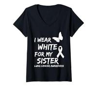 Donna I Wear White for My Sister Lung Cancer Awareness Ribbon Maglietta con Collo a V