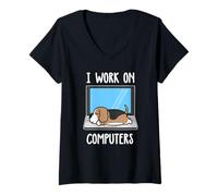 Donna I Work On Computer Beagle Dog Sleep Funny Puppy Lovers Maglietta con Collo a V